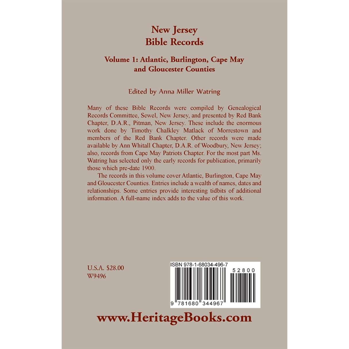 New Jersey Bible Records, Volume 1: Atlantic, Burlington, Cape May and Gloucester Counties back cover
