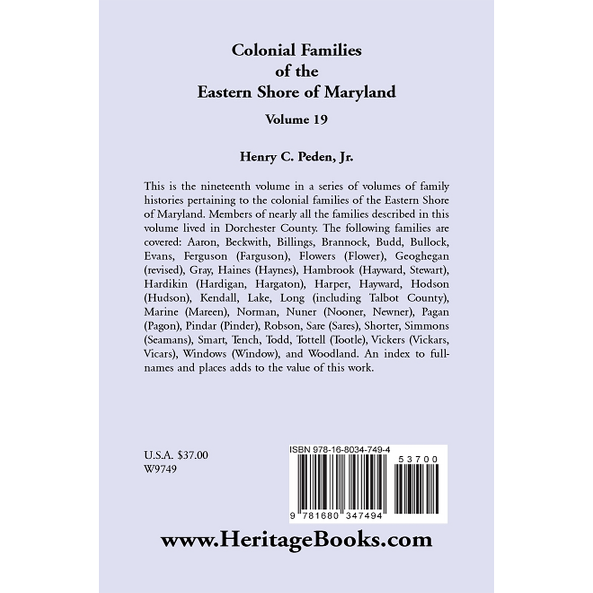 Colonial Families of the Eastern Shore of Maryland, Volume 19 back cover