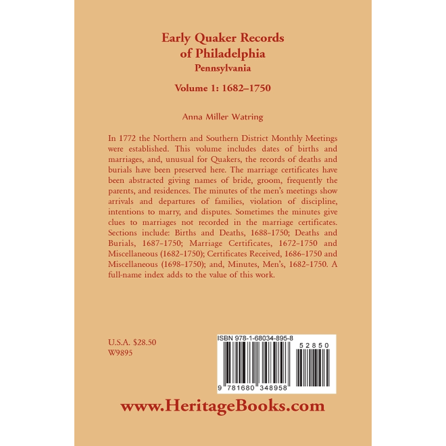 Early Quaker Records of Philadelphia, Pennsylvania, Volume 1: 1682-1750 back cover