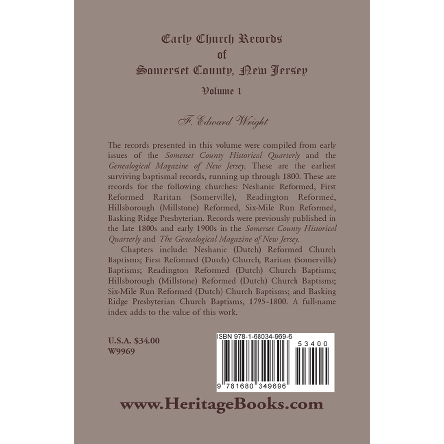 Early Church Records of Somerset County, New Jersey Volume 1 back cover