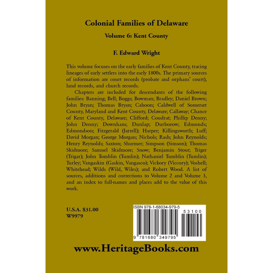 Colonial Families of Delaware, Volume 6: Kent back cover