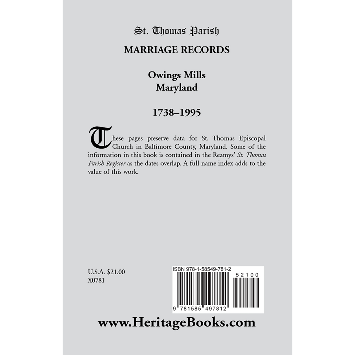 St. Thomas Parish Marriage Records, Owings Mills, Maryland, 1738-1995 back cover