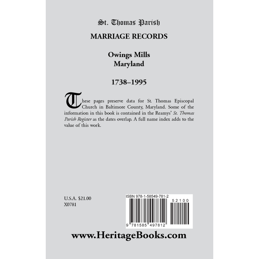 St. Thomas Parish Marriage Records, Owings Mills, Maryland, 1738-1995 back cover