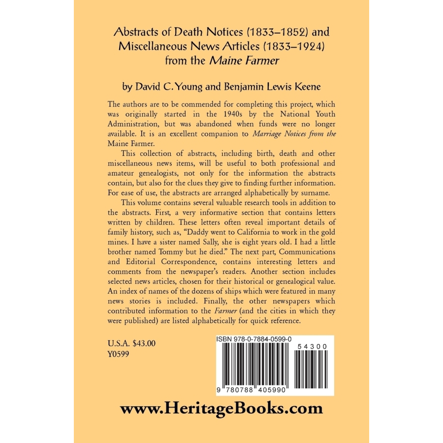 Abstracts of Death Notices (1833-1852) and Miscellaneous News Items from the Maine Farmer (1833-1924) back cover