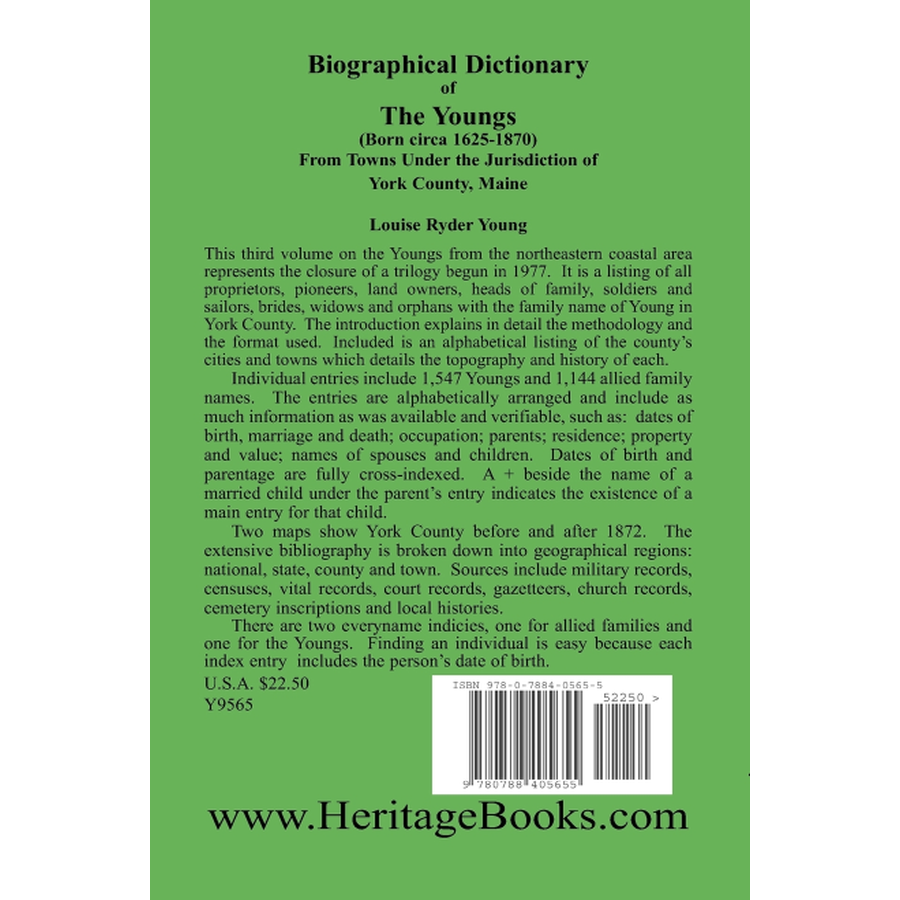 Biographical Dictionary of the Youngs (born circa 1625-1870) from Towns under the Jurisdiction of York County, Maine back cover