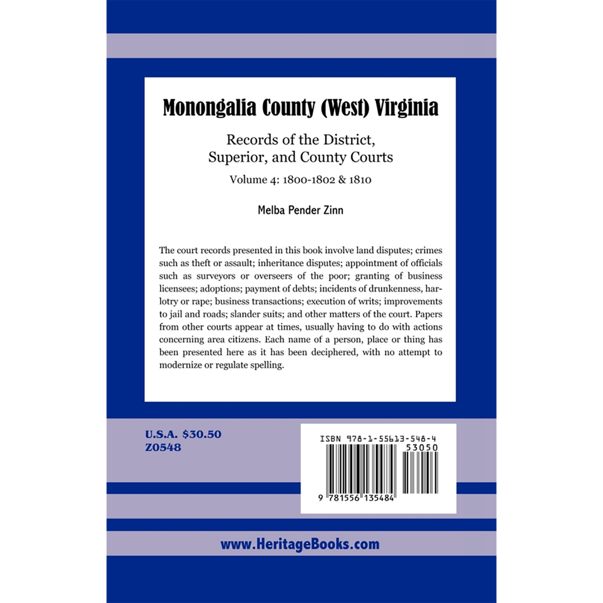 Monongalia County, (West) Virginia Records of the District, Superior, and County Courts, Volume 4, 1800-1802 and 1810 back cover