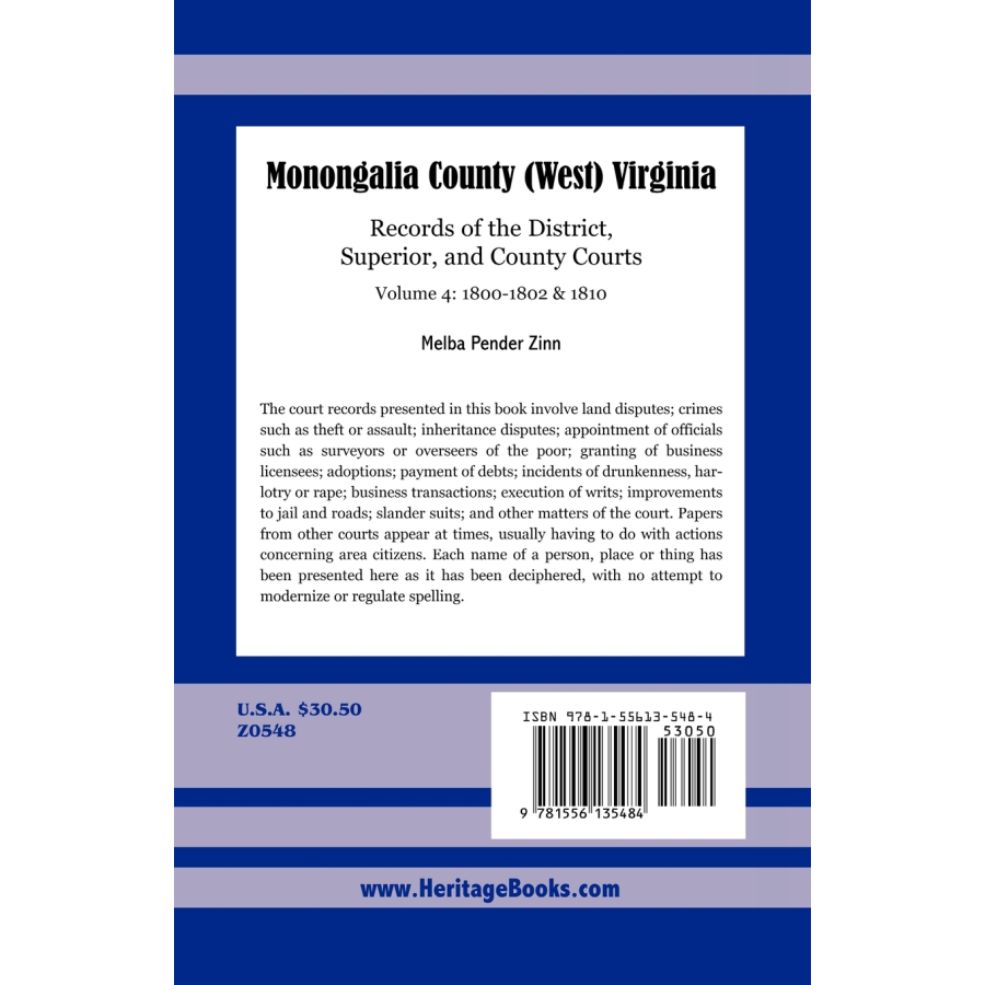 Monongalia County, (West) Virginia Records of the District, Superior, and County Courts, Volume 4, 1800-1802 and 1810 back cover