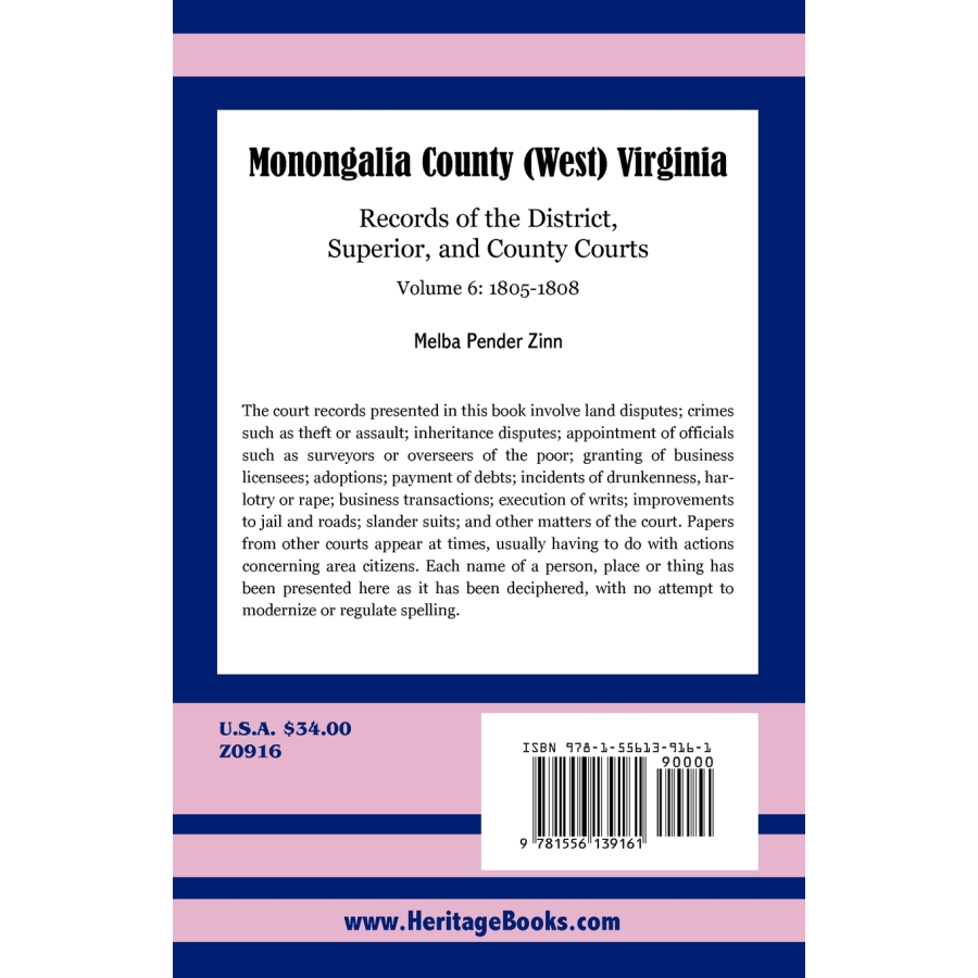 Monongalia County, (West) Virginia Records of the District, Superior, and County Courts, Volume 6, 1805-1808 back cover
