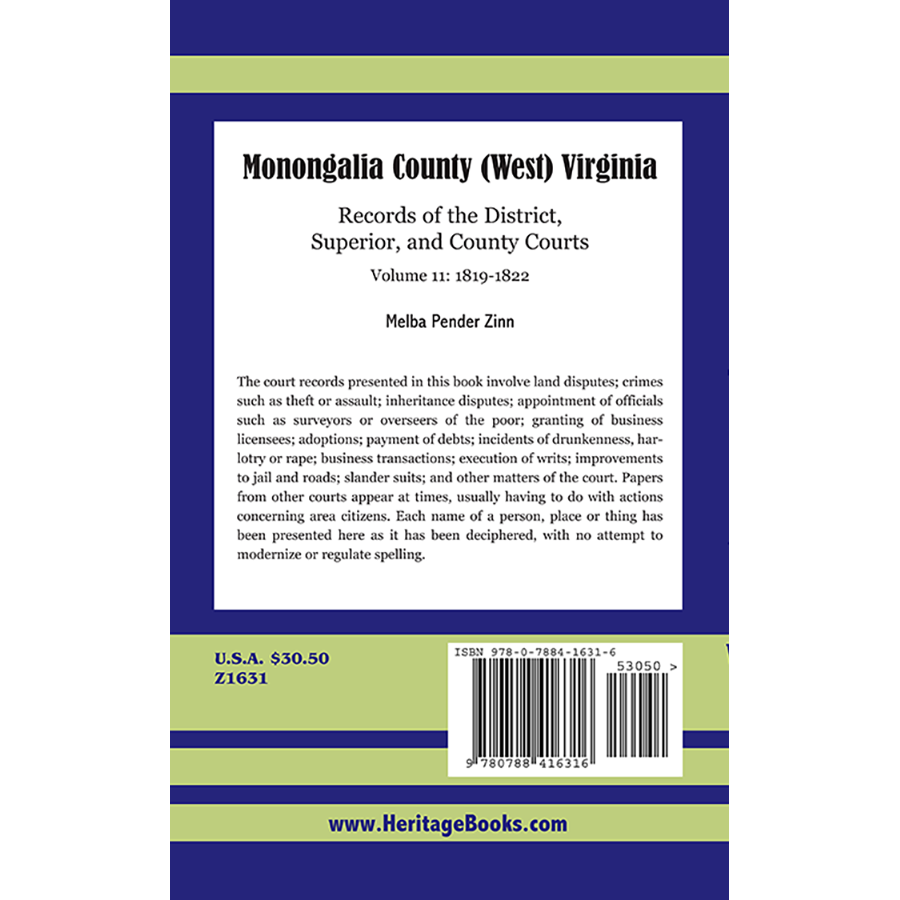 Monongalia County, (West) Virginia Records of the District, Superior, and County Courts, Volume 11, 1819-1822 back cover