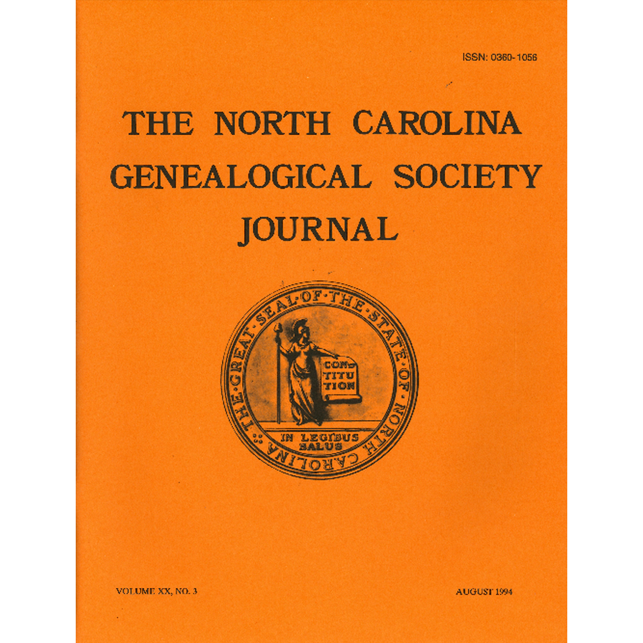 The North Carolina Genealogical Society Journal, Volume 20, No. 3 August, 1994