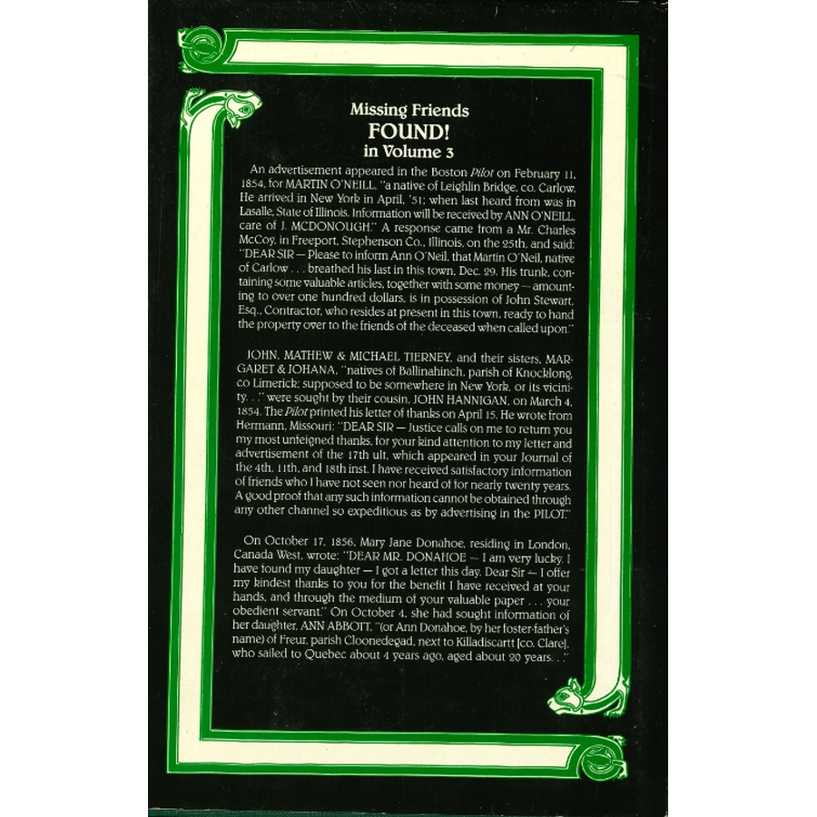 The Search for Missing Friends, Volume III, 1854-1856: Irish Immigrant Advertisements Placed in the Boston Pilot back cover