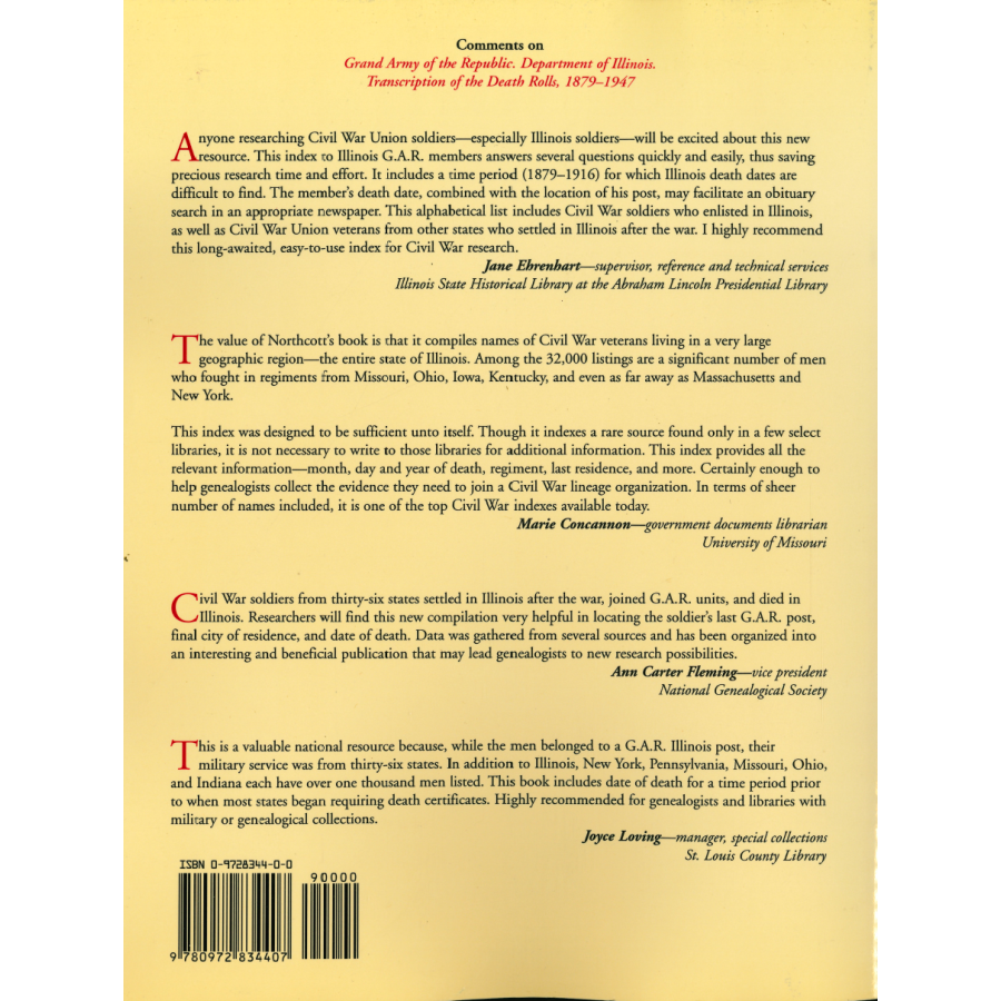 Grand Army Of The Republic, Department of Illinois: Transcription of the Death Rolls, 1879-1947 back cover