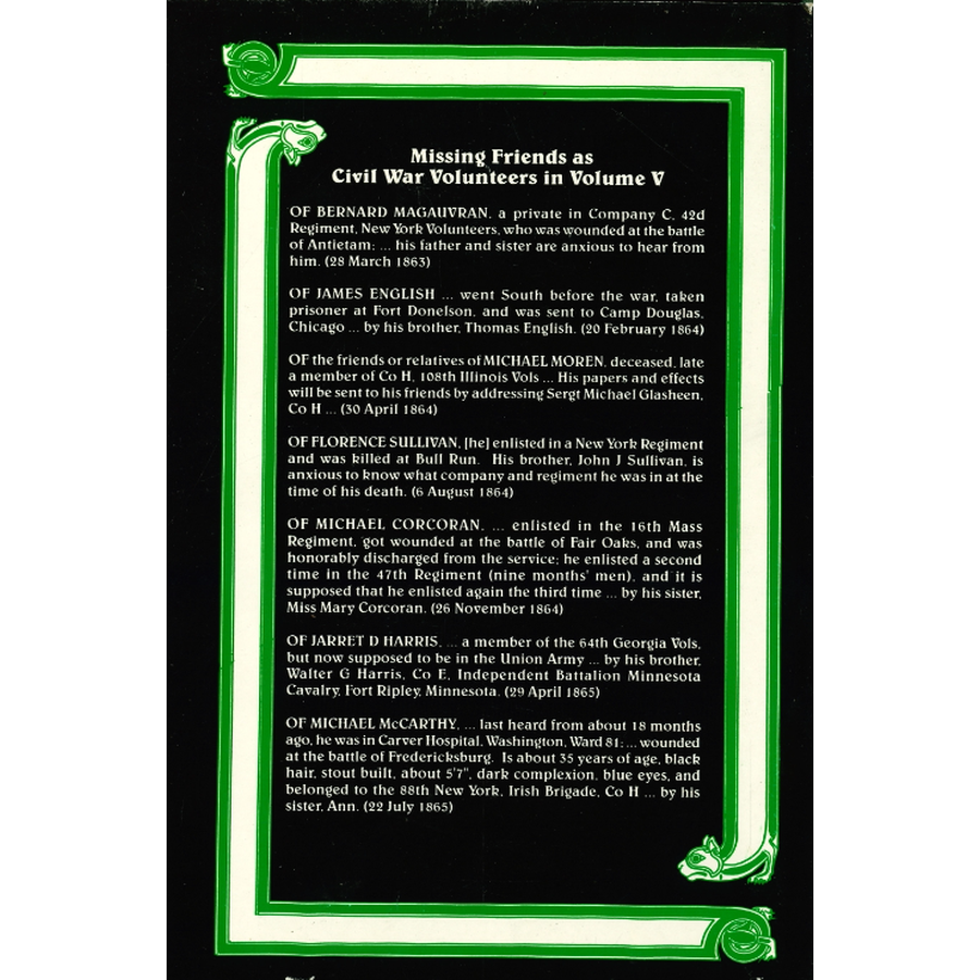 The Search for Missing Friends, Volume 5, 1861-1865: Irish Immigrant Advertisements Placed in the Boston Pilot back cover