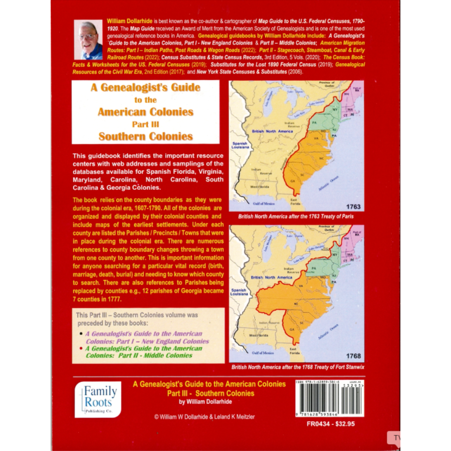 A Genealogist's Guide to the American Colonies - Part III - Southern Colonies - Spanish Florida, Virginia, Maryland, Carolina, North Carolina, South Carolina, Georgia back cover