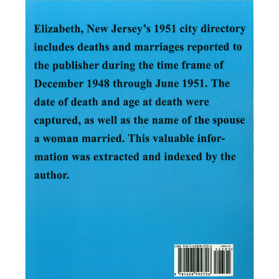 Marriages and Deaths in the 1951 Elizabeth, New Jersey City Directory back cover