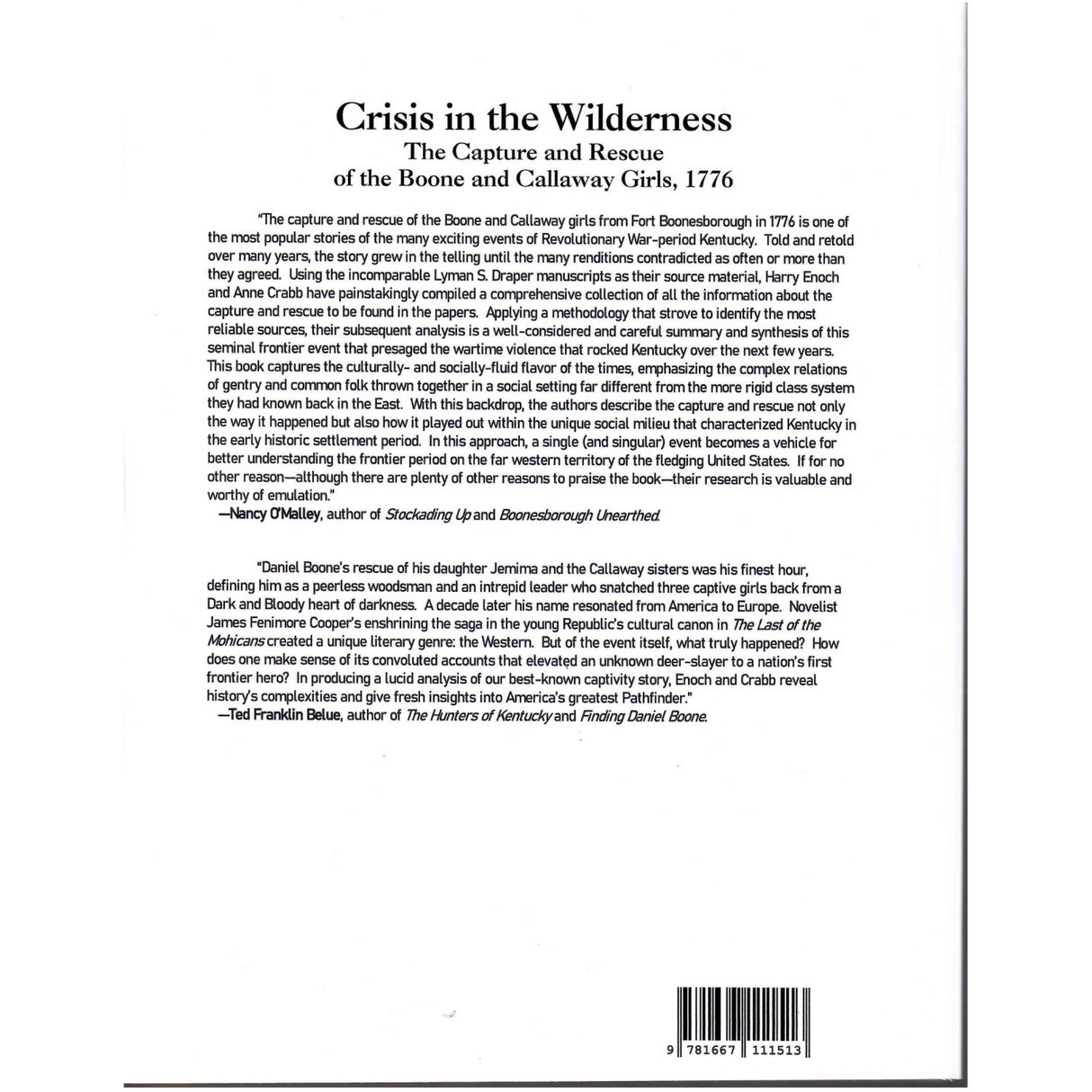 Crisis in the Wilderness: The Capture and Rescue of the Boone and Callaway Girls, 1776 back cover