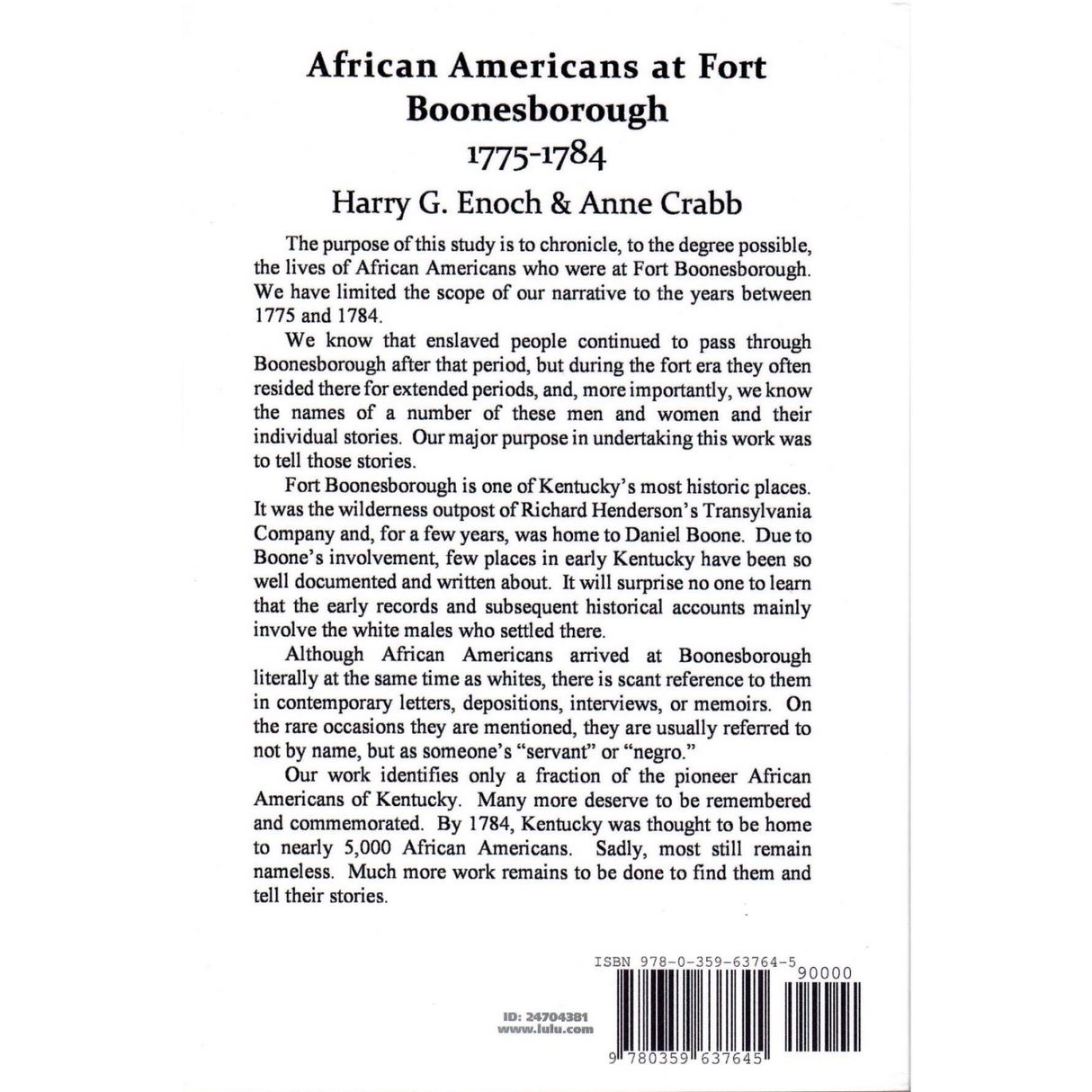 African Americans at Fort Boonesborough, 1775-1784 back cover