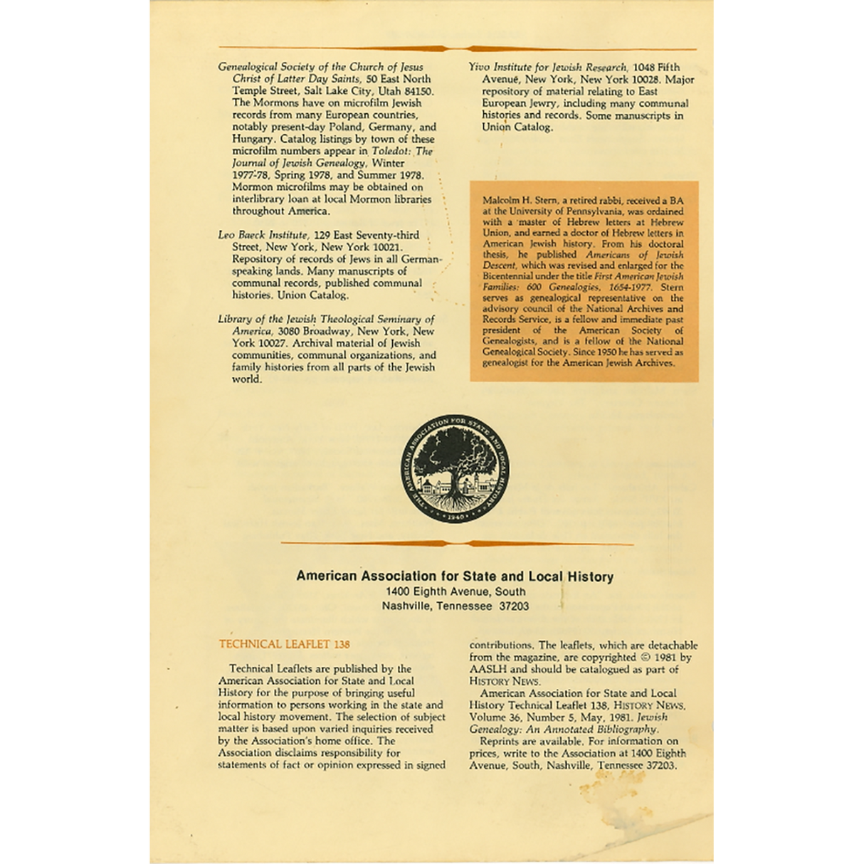 Jewish Genealogy: An Annotated Bibliography (AASLH Technical Leaflet) back cover