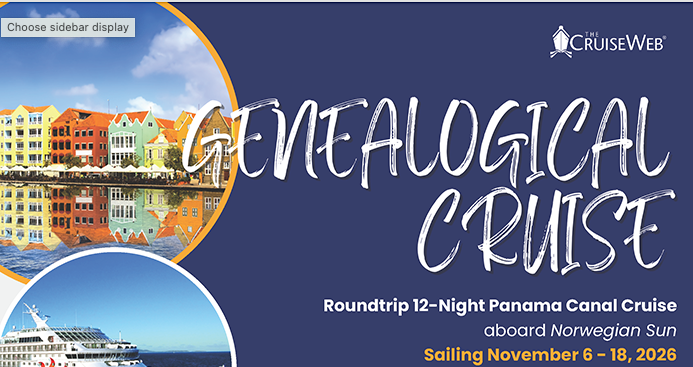 Advertisement for a genealogical cruise with colorful buildings and a ship on a blue background.