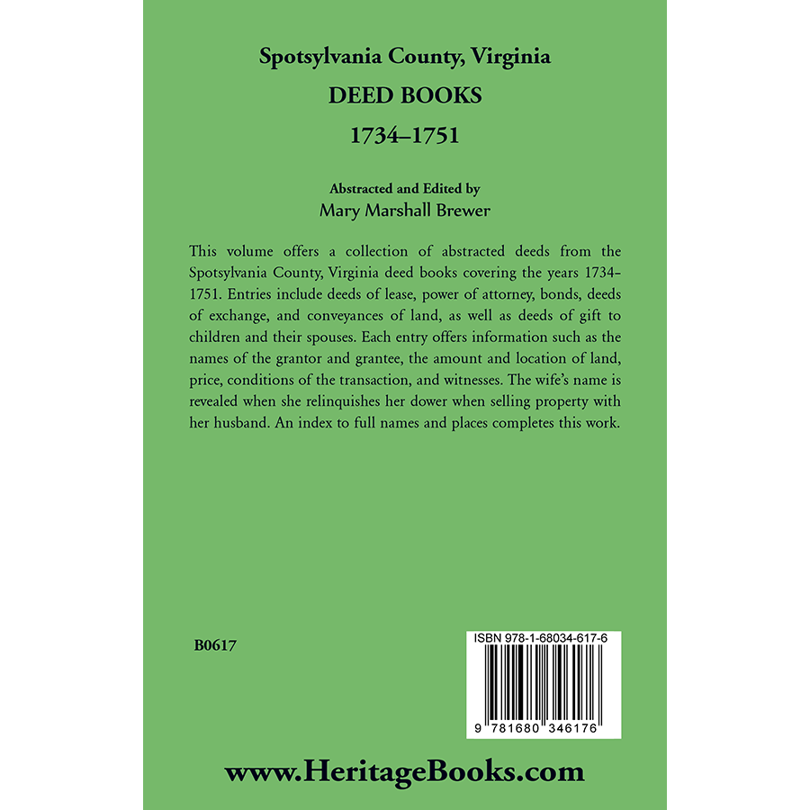 back cover of Spotsylvania County, Virginia Deed Books, 1734-1751