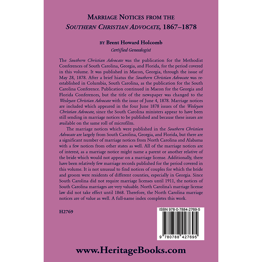 back cover of Marriage Notices from the Southern Christian Advocate, 1867-1878