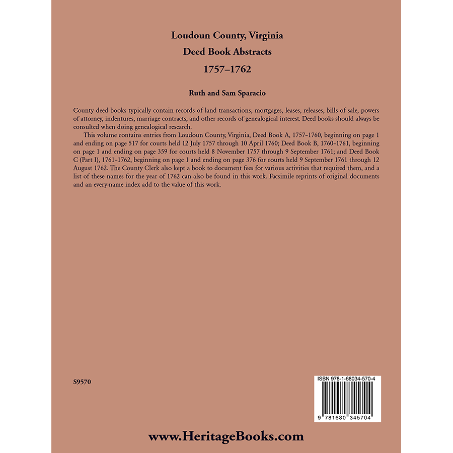 back cover of Loudoun County, Virginia Deed Book Abstracts, 1757-1762