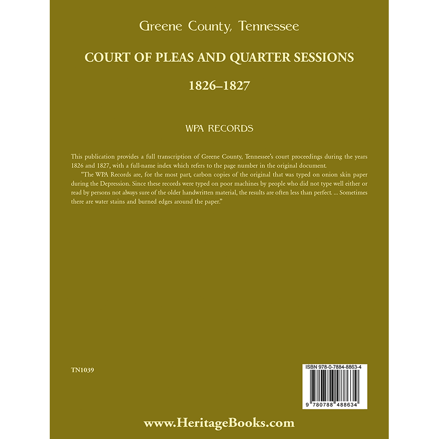 back cover of Greene County, Tennessee Court of Pleas, 1826-1827