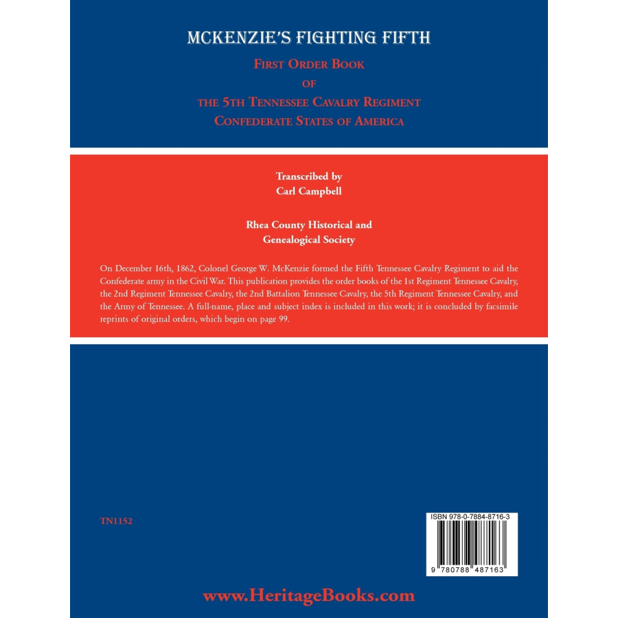 McKenzie's Fighting Fifth, Volume 1: First Order Book of the Fifth Tennessee Cavalry Regiment, Confederate States of America back cover