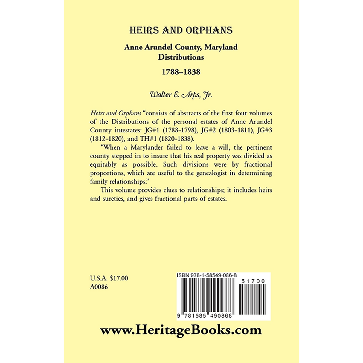 Heirs and Orphans: Anne Arundel County Distributions 1788-1838 back cover