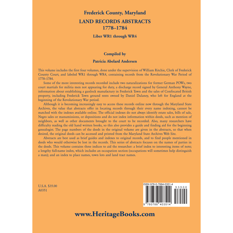 Frederick County, Maryland Land Records Abstracts, 1778-1784, Liber WR1 through WR4 back cover