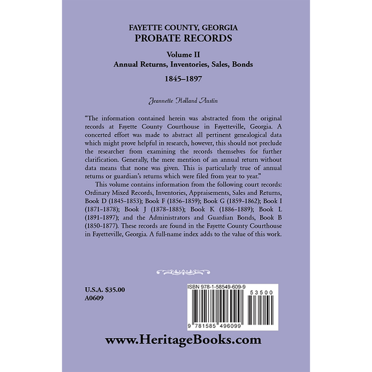 Fayette County, Georgia Probate Records: Volume II, Annual Returns, Inventories, Sales, Bonds, 1845-1897 back cover