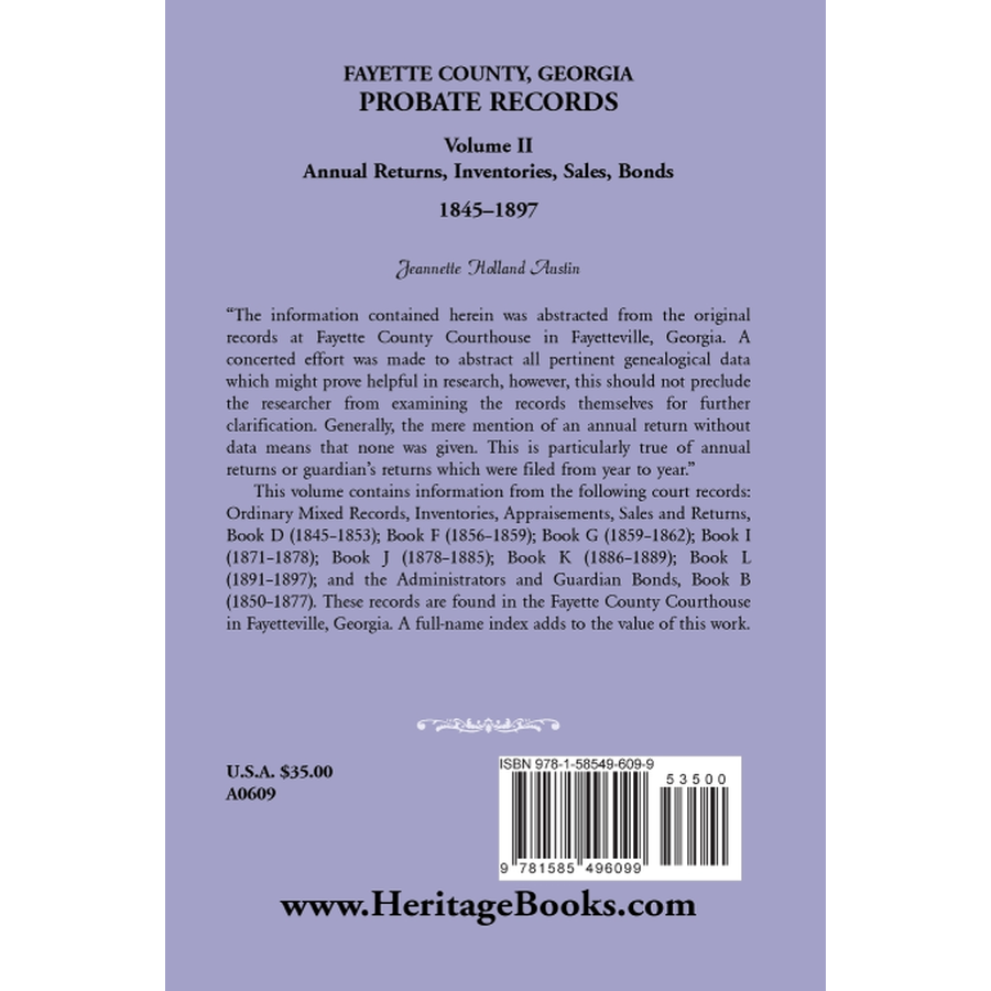 back cover of Fayette County, Georgia Probate Records: Volume II, Annual Returns, Inventories, Sales, Bonds, 1845-1897