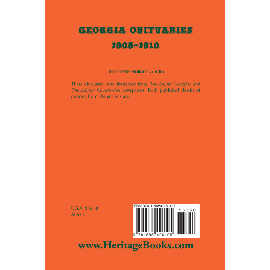 Georgia Obituaries, 1905-1910 back cover