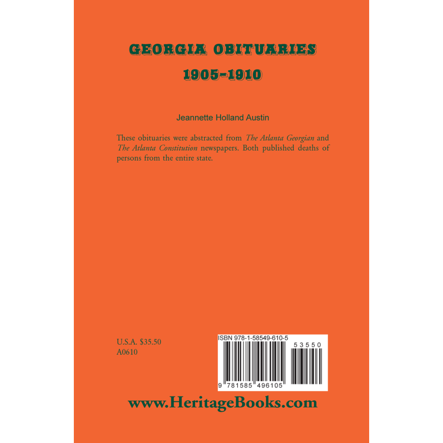 back cover of Georgia Obituaries, 1905-1910