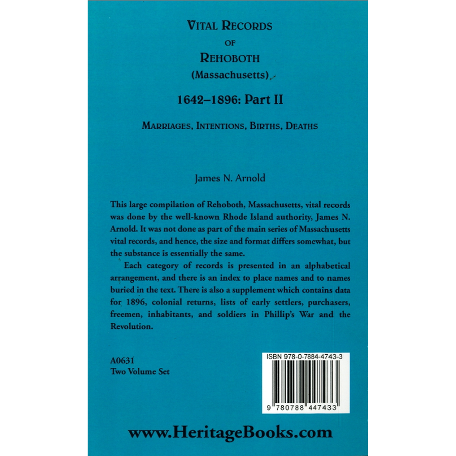 Vital Records of Rehoboth, 1642-1896 (Massachusetts): Marriages, Intentions, Births, Deaths, Part II back cover