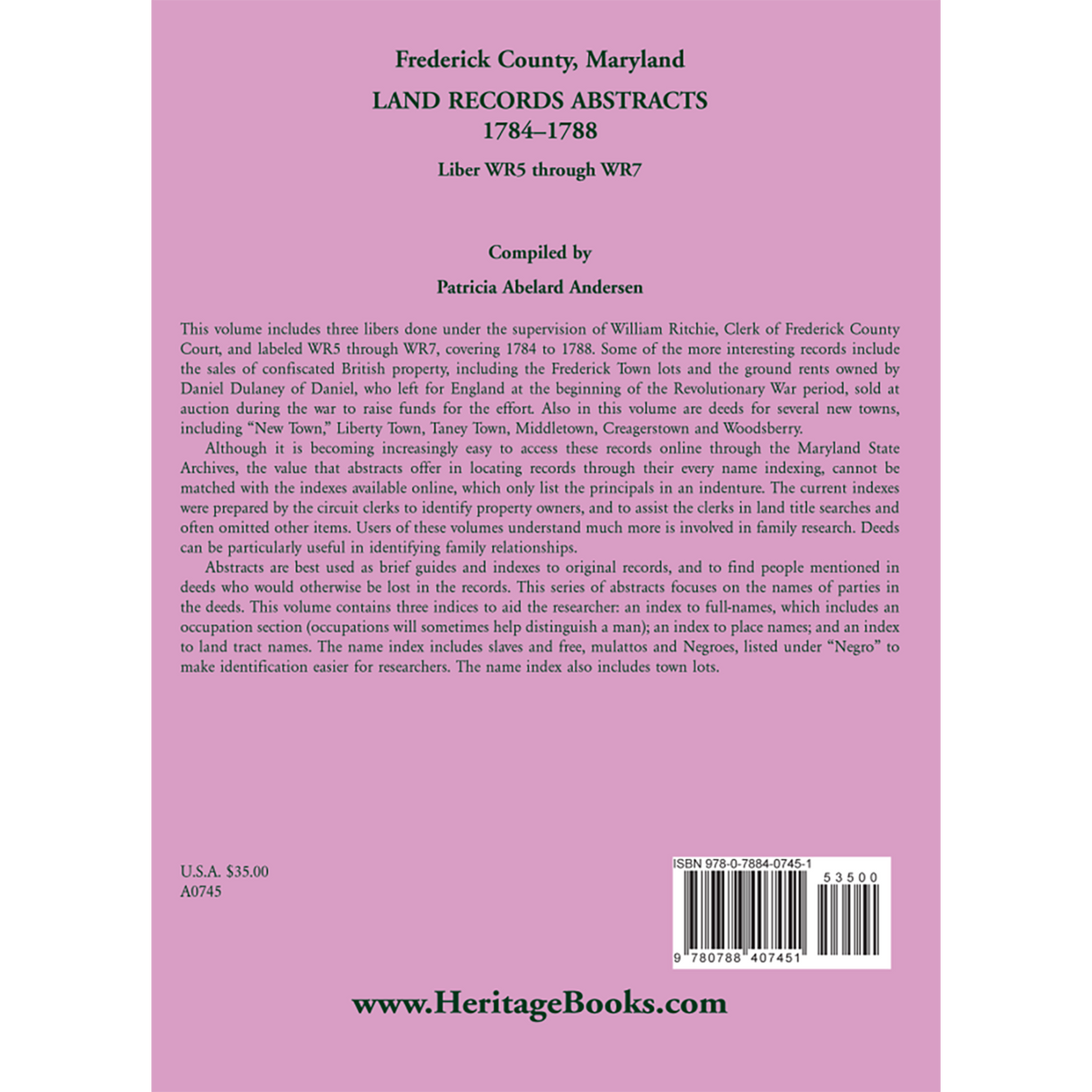 Frederick County, Maryland Land Records Abstracts, 1784-1788, Liber WR5 through WR7 back cover
