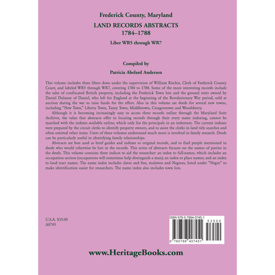 Frederick County, Maryland Land Records Abstracts, 1784-1788, Liber WR5 through WR7 back cover