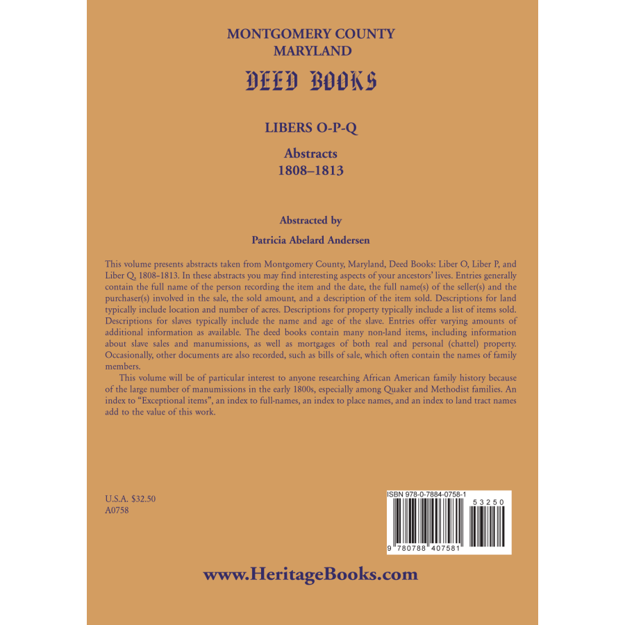 back cover of Montgomery County, Maryland Deed Books: Libers O-P-Q Abstracts, 1808-1813
