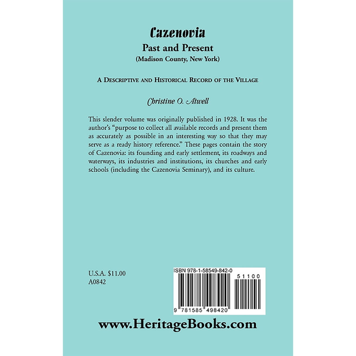Cazenovia Past and Present (Madison County, New York): A Descriptive and Historical Record of the Village back cover