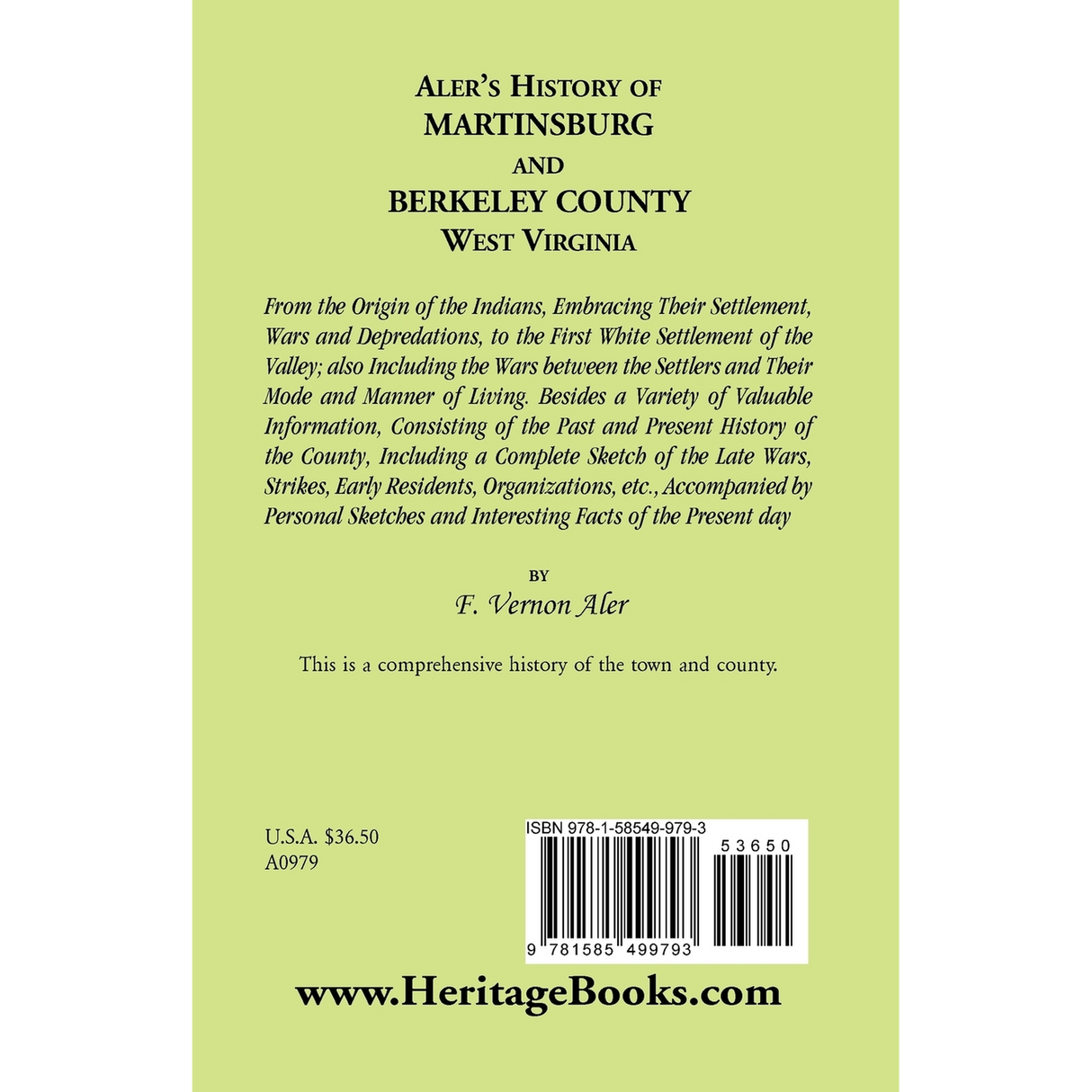 Aler's History of Martinsburg and Berkeley County, West Virginia back cover