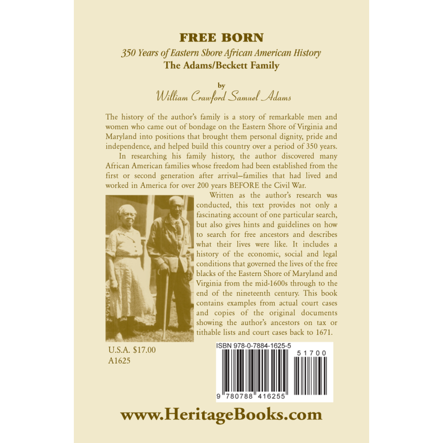 back cover of Free Born: 350 Years of Eastern Shore African American History, The Adams/Beckett Family