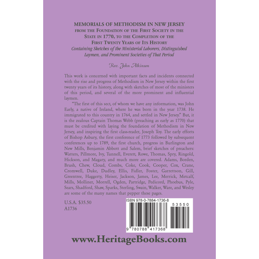 back cover of Memorials of Methodism in New Jersey