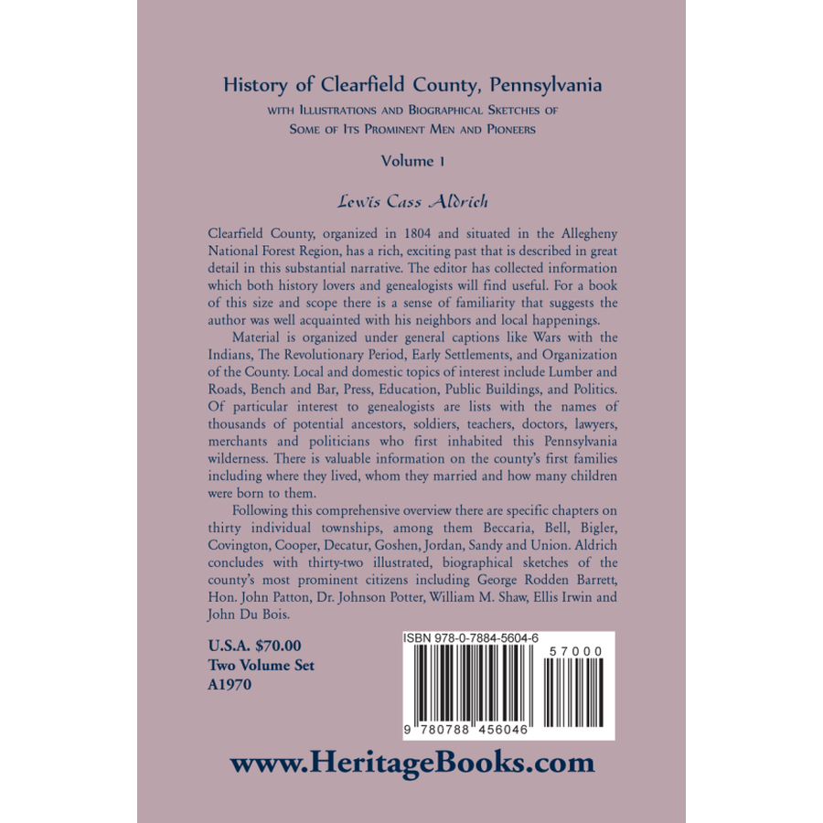History of Clearfield County, Pennsylvania with Illustrations and Biographical Sketches of some of its Prominent Men and Pioneers vol. 1 back cover