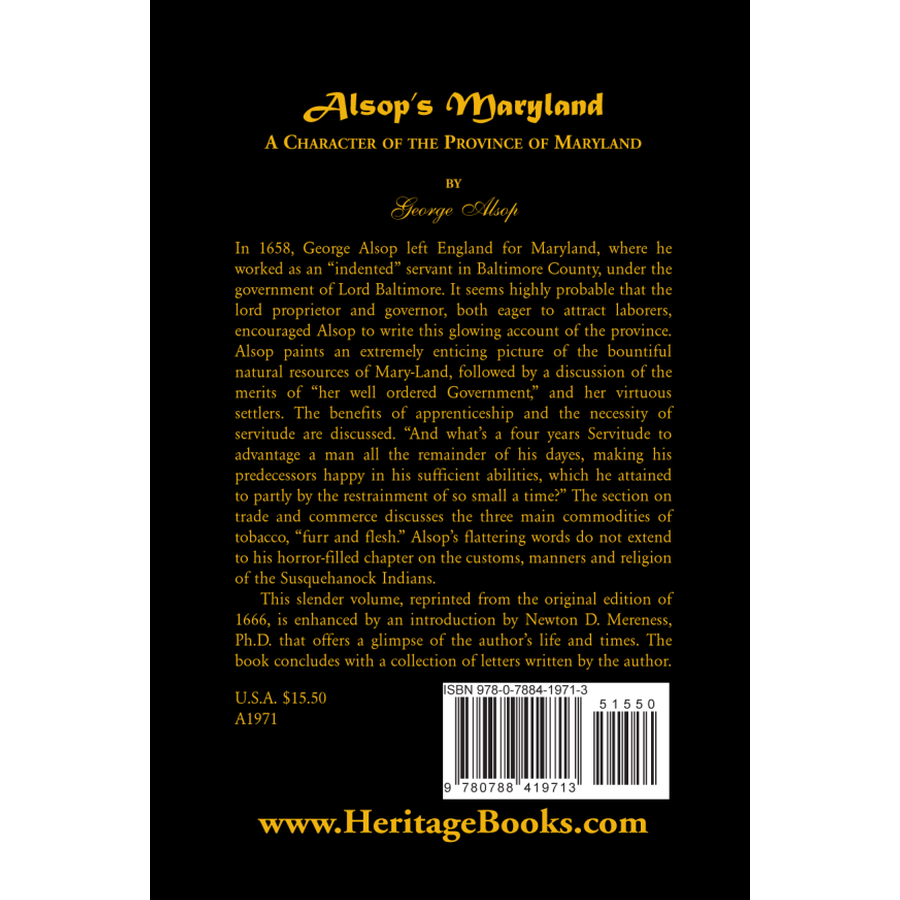 Alsop's Maryland: A Character of the Province of Maryland back cover