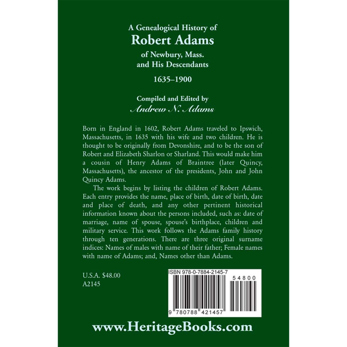 A Genealogical History of Robert Adams of Newbury, Mass., and his Descendants, 1635-1900 back cover