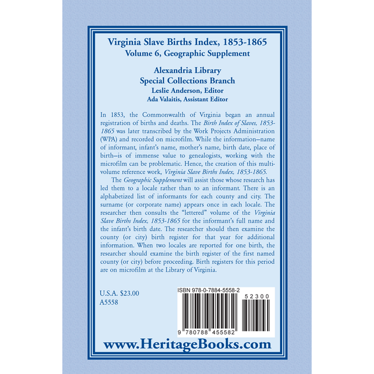 Virginia Slave Births Index, 1853-1865, Volume 6, Geographic Supplement back cover