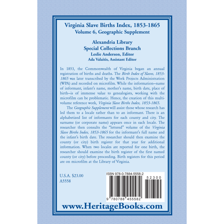back cover of Virginia Slave Births Index, 1853-1865, Volume 6, Geographic Supplement