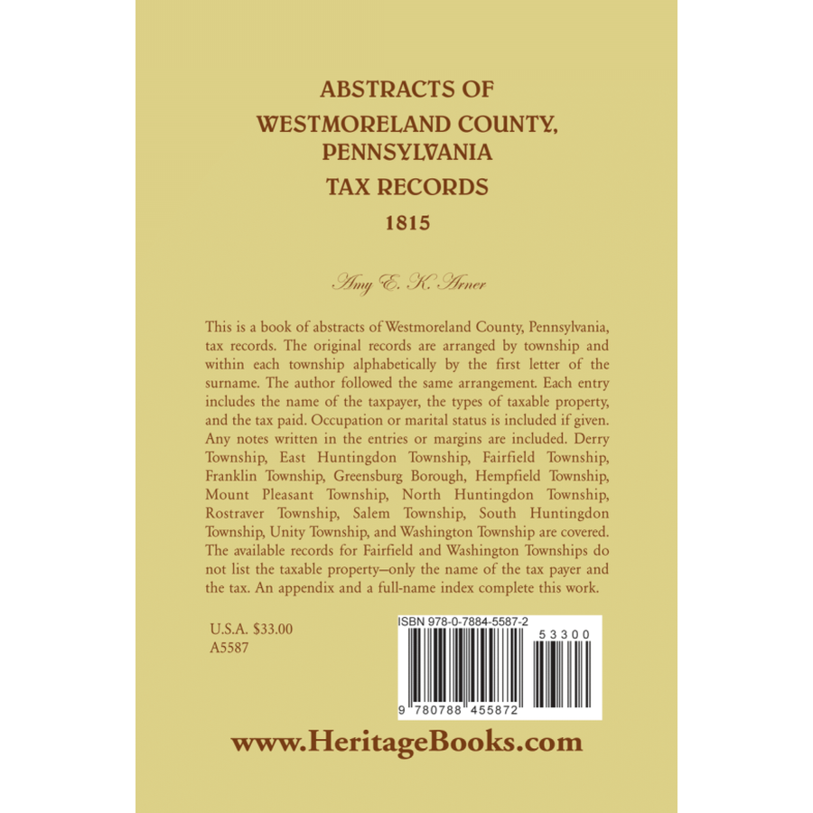 back cover of Abstracts of Westmoreland County, Pennsylvania, Tax Records 1815