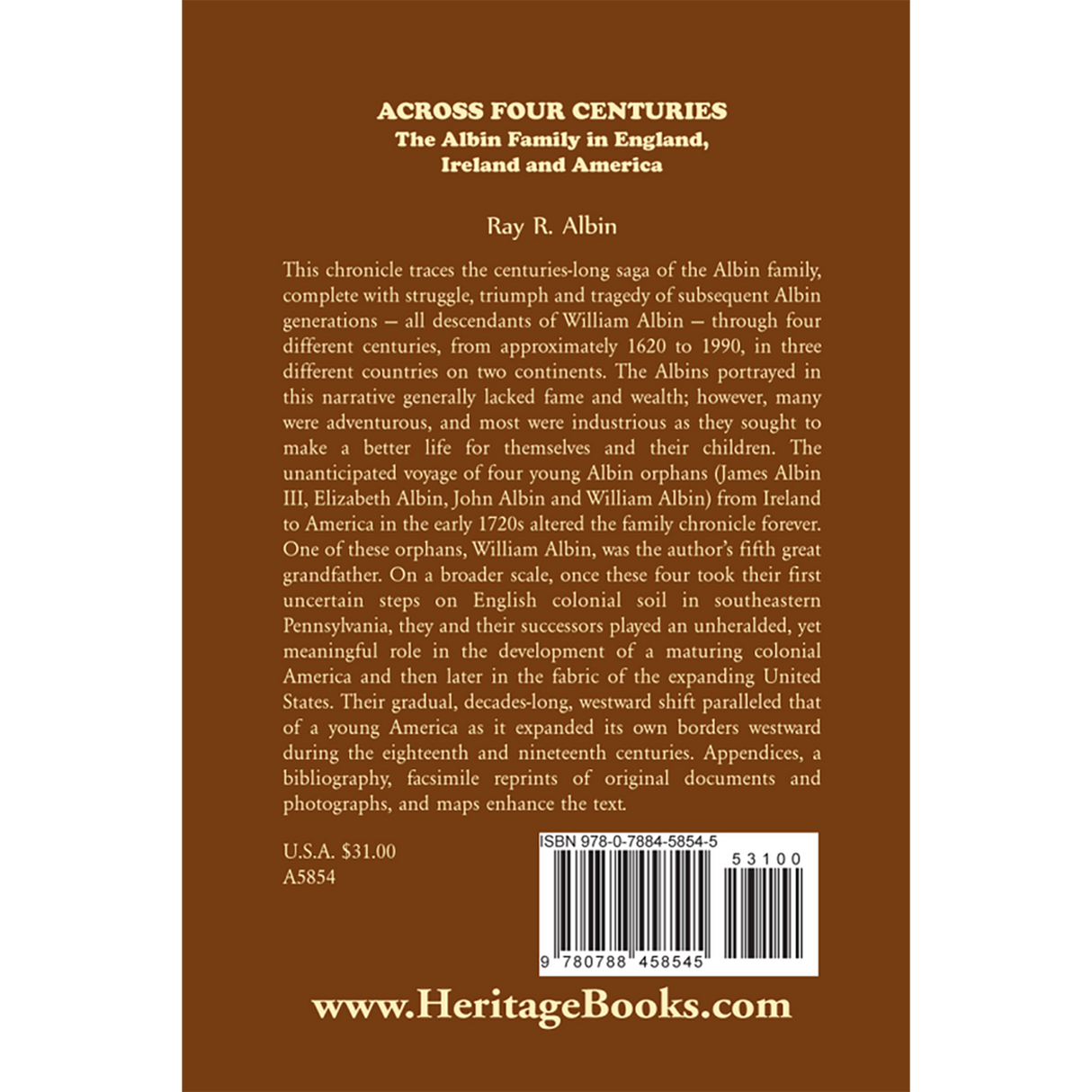 Across Four Centuries: The Albin Family in England, Ireland and America back cover