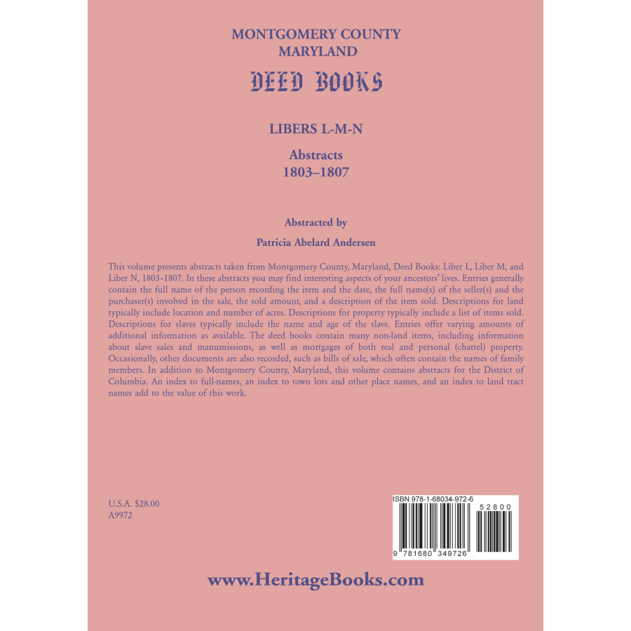 Montgomery County, Maryland Deed Books: Libers L-M-N Abstracts, 1803-1807 back cover